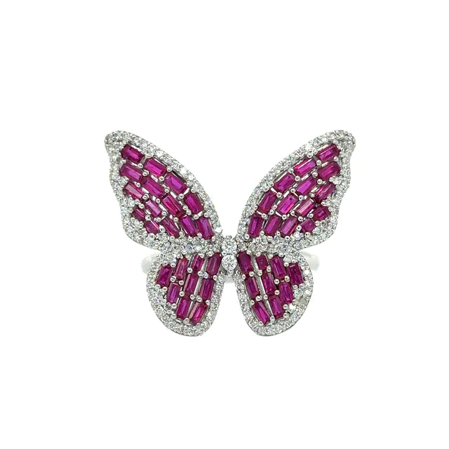 White Gold Butterfly Ring With Ruby and Diamonds