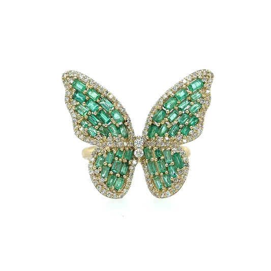 Yellow Gold Butterfly Ring With Emerald and Diamonds