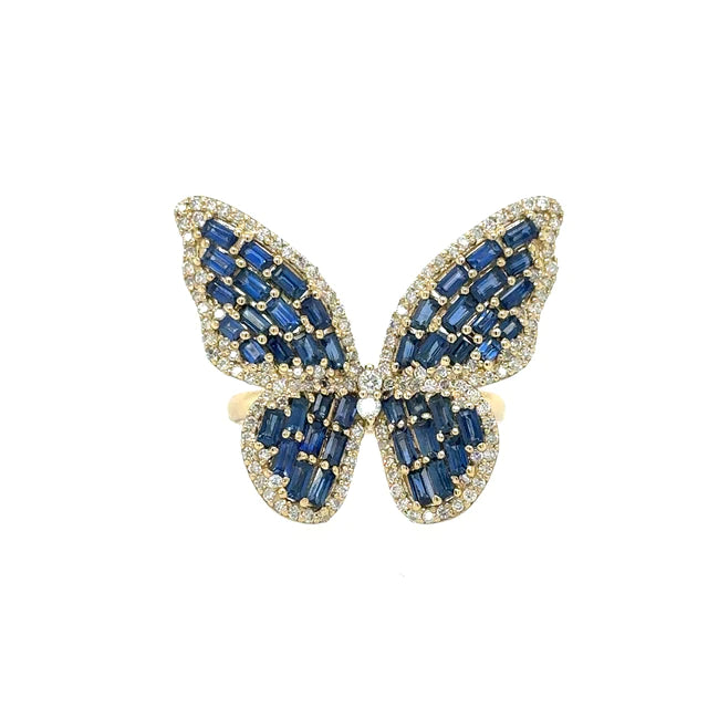 Yellow Gold Butterfly Ring With Sapphire and Diamonds
