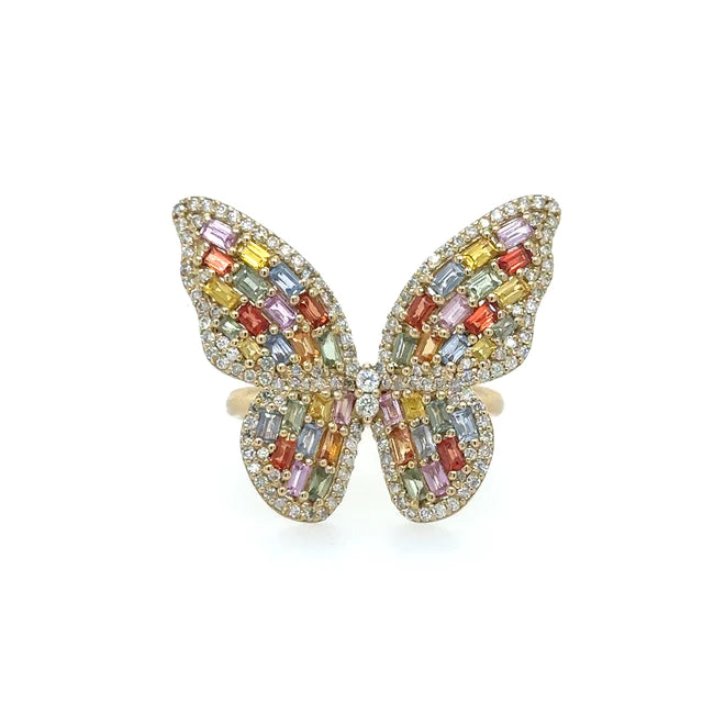 Yellow Gold Butterfly Ring With Multi Sapphire and Diamonds
