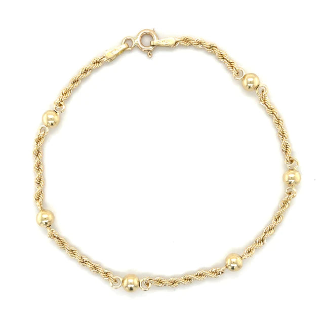 Yellow Gold Rope Chain With Ball 7" Bracelet