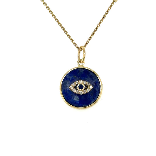 Yellow Gold Lapis Evil Eye Pendent With Diamonds