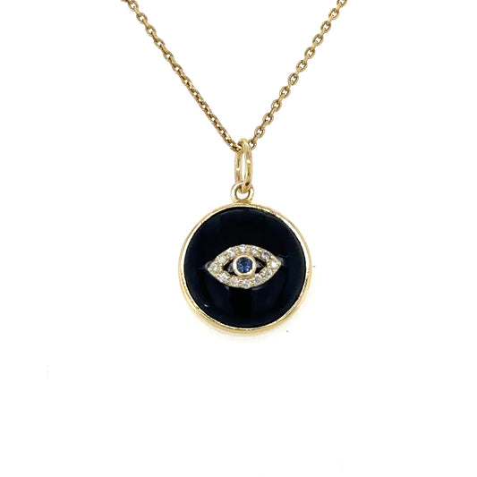 Yellow Gold Black Onyx Evil Eye Pendent With Diamonds