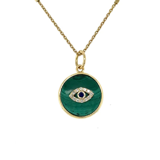 Yellow Gold Malachite Evil Eye Pendent With Diamonds