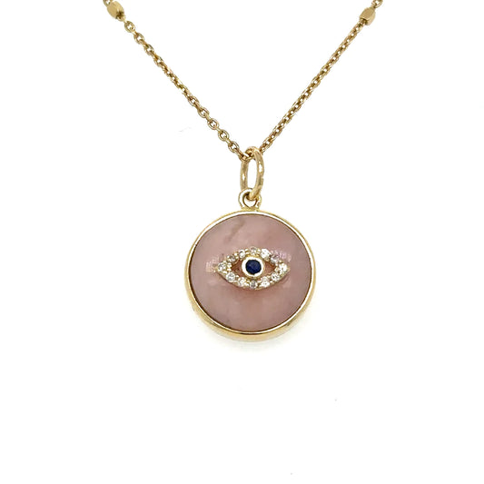 Yellow Gold Pink Opal Evil Eye Pendent With Diamonds