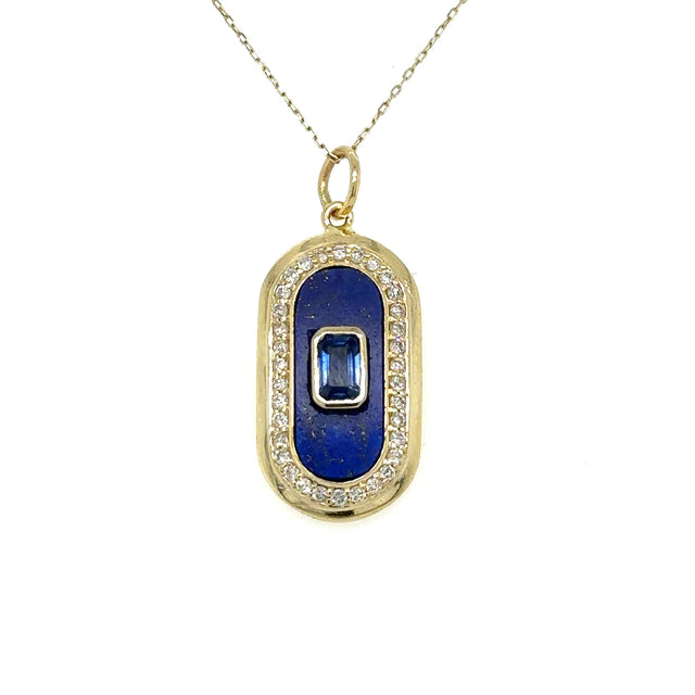 Yellow Gold Lapis Pendent With Sapphire and Diamonds