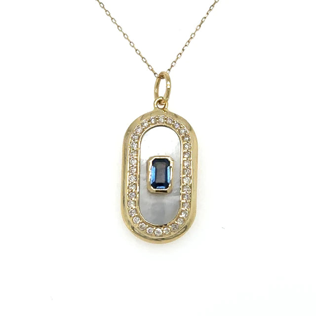 Yellow Gold Mother of Pearl Pendent With Sapphire and Diamonds