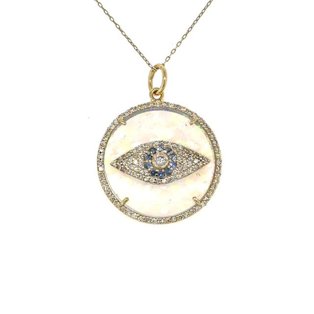 Yellow Gold Hydra Opal Evil Eye Pendent With Sapphire and Diamonds