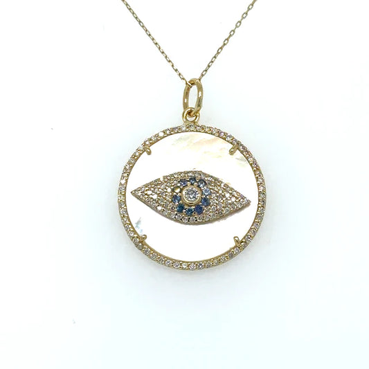 Yellow Gold Mother of Pearl Evil Eye Pendent With Sapphire and Diamonds