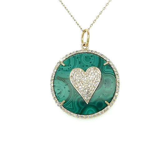 Yellow Gold Malachite Heart Pendent With Diamonds