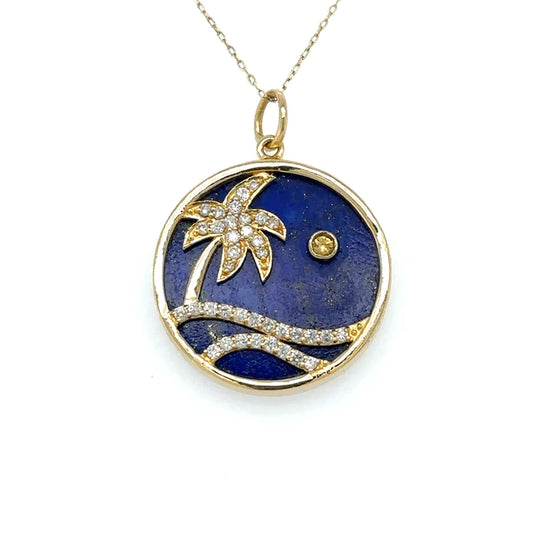 Yellow Gold Lapis Palm Tree Pendent With Diamonds