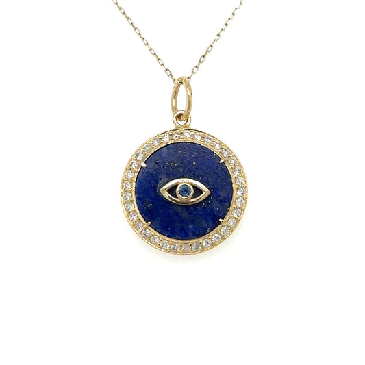 Yellow Gold Lapis Evil Eye Pendent With Diamonds