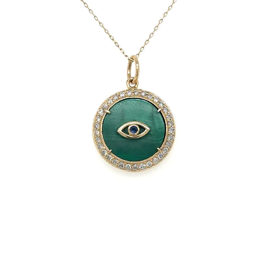 Yellow Gold Malachite Evil Eye Pendent With Diamonds