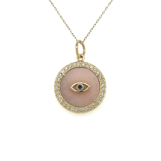 Yellow Gold Pink Opal Evil Eye Pendent With Diamonds