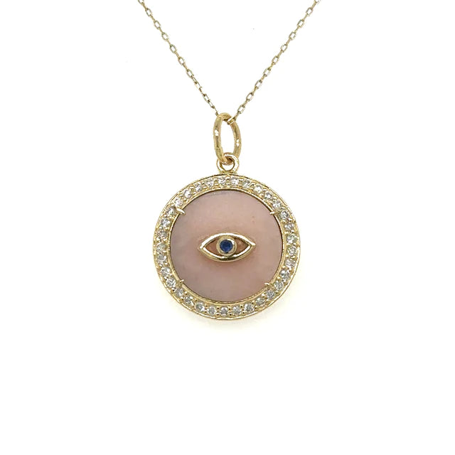 Yellow Gold Pink Opal Evil Eye Pendent With Diamonds