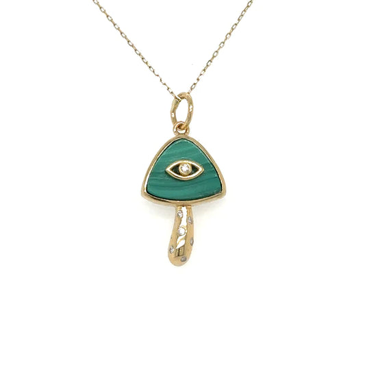 Yellow Gold Malachite Mushroom Pendent With Diamonds