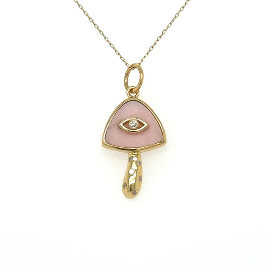 Yellow Gold Pink Opal Mushroom Pendent With Diamonds