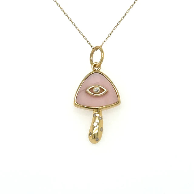 Yellow Gold Pink Opal Mushroom Pendent With Diamonds