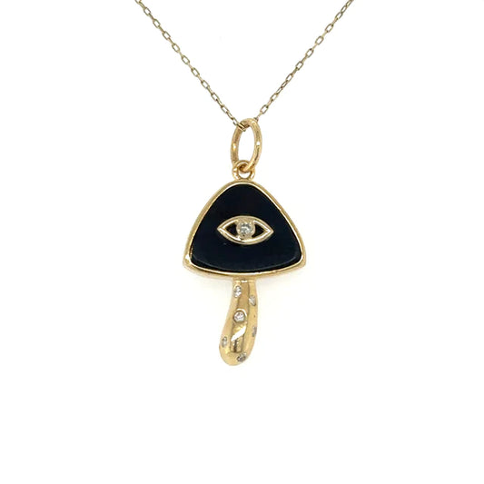 Yellow Gold Black Onyx Mushroom Pendent With Diamonds