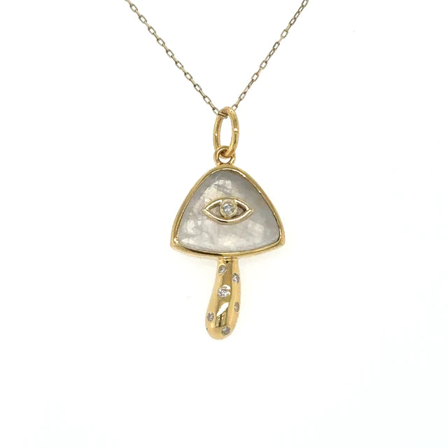 Yellow Gold Rainbow Moon Stone Mushroom Pendent With Diamonds