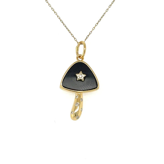 Yellow Gold Black Onyx Mushroom Star Pendent With Diamonds