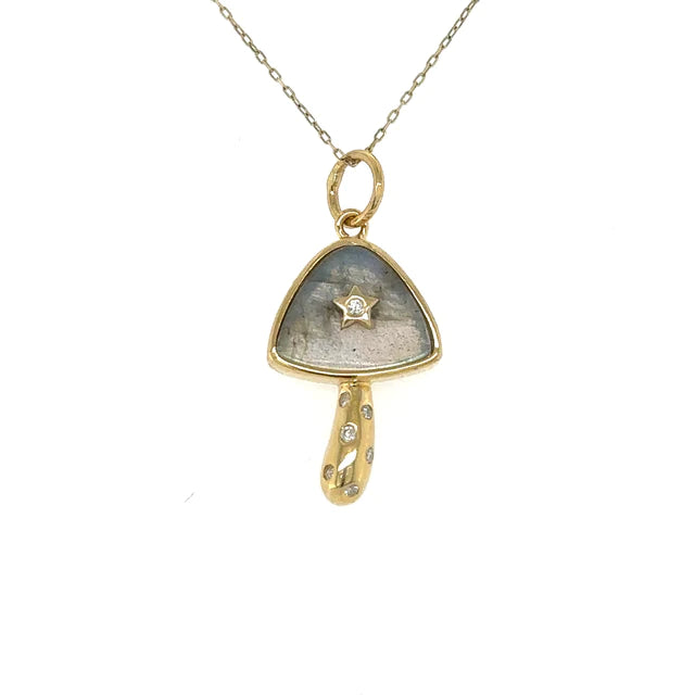 Yellow Gold Labradorite Mushroom Star Pendent With Diamonds