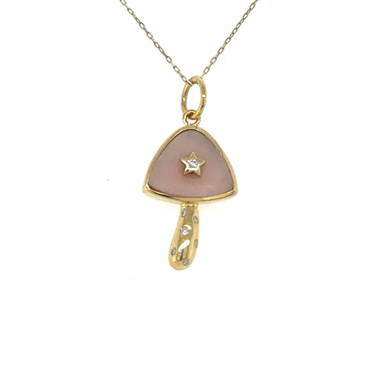 Yellow Gold Pink Opal Mushroom Star Pendent With Diamonds