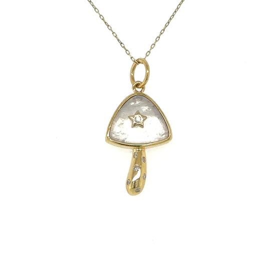 Yellow Gold Rainbow Moon Stone Mushroom Star Pendent With Diamonds