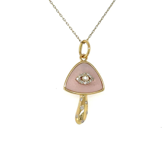 Yellow Gold Pink Opal Mushroom Pendent With Diamonds