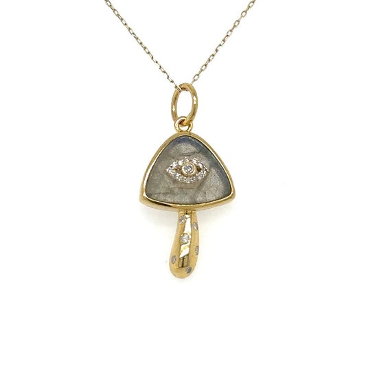 Yellow Gold Labradorite Mushroom Pendent With Diamonds